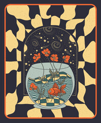fish in space, illustration with optical illusion, psychedelic poster

