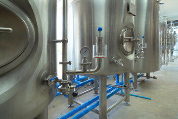 Brewery. Interior of a alcohol or beer drink machine room in kitchen bar of cafe or coffee shop....