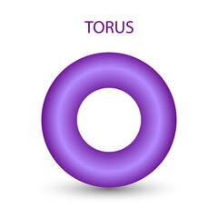 Vector purple torus with gradients and shadow for game, icon, package design, logo, mobile, ui, web, education. 3d donut on a white background. Geometric figures for your design.