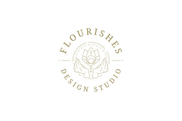 Female hands hold magic bright lotus flower mindfulness spiritual spa relaxation linear logo vector