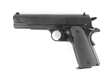 Black semi-automatic pistol isolated on white - obrazy, fototapety, plakaty