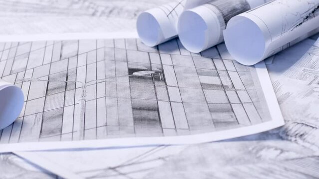 Background on the theme of business in the field of construction and architecture. Sheets with drawings and sketches of a glass skyscraper in soft focus.