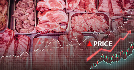 Photo of different raw meat inside meat shop refrigerator with graphs and arrow. Rise of prices.