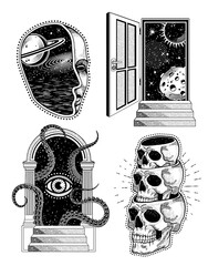 Portals to Space, Skulls Collection,  Human Head Space Elements. Vector Illustration.