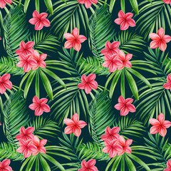 Tropical plumeria flowers and palm leaves on black background, watercolor botanical illustration, seamless patterns.