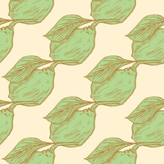 Seamless pattern engraved lemon on branch with leaves. Vintage background lime growing on twig in hand drawn style.