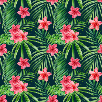 Tropical plumeria flowers and palm leaves on black background, watercolor botanical illustration, seamless patterns.
