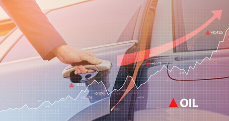 Shot of man driver opening door of his car outdoors in sunny day. Growing of oil cost and inflation.