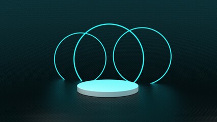 3d illustration futuristic product platform with neon glowing ring lights sci-fi empty podium black 