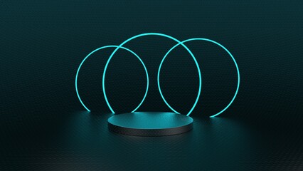 3d illustration futuristic product platform with neon glowing ring lights sci-fi empty podium black 