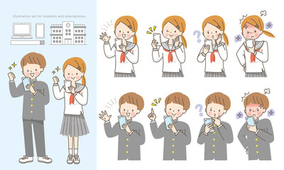 スマホを操作する男女の学生　表情セット