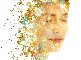 A portrait of young woman combined with digital graphics of countless particles