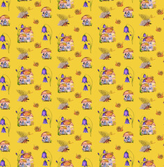 Children's illustration of mushrooms, house, hedgehog, flowers. Seamless pattern