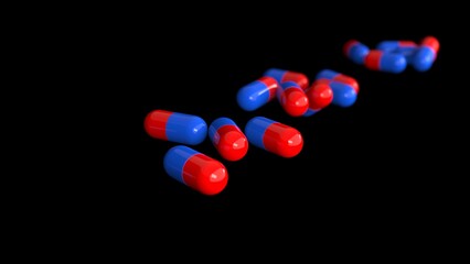 Medicine capsules pill 3d rendering closeup drug tablet health antibiotic red and blue