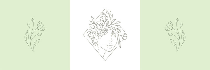 Line art simple logo pastel set woman face botanical blossom natural wild cute flower vector