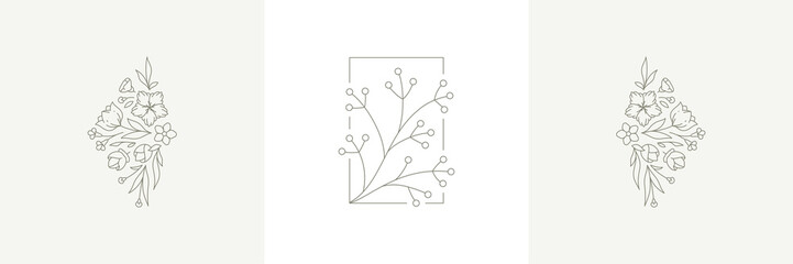 Beautiful seasonal line art decorative design flower botanical logo with stem, buds and leaves set