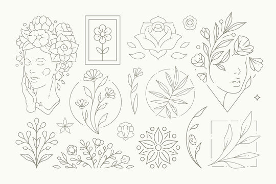 Abstract botanical flower decorative elements monochrome set vector illustration. Line simple decor
