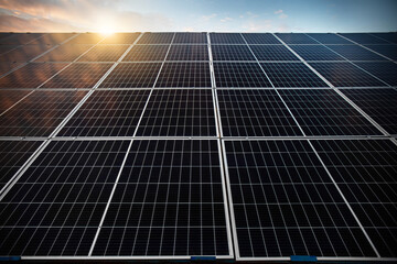 Solar panels on sky background. Solar power plant. Green electricity.