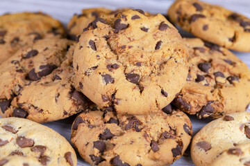 Cookies with chocolate closeup. Homemade cookies. A mountain of cookies.