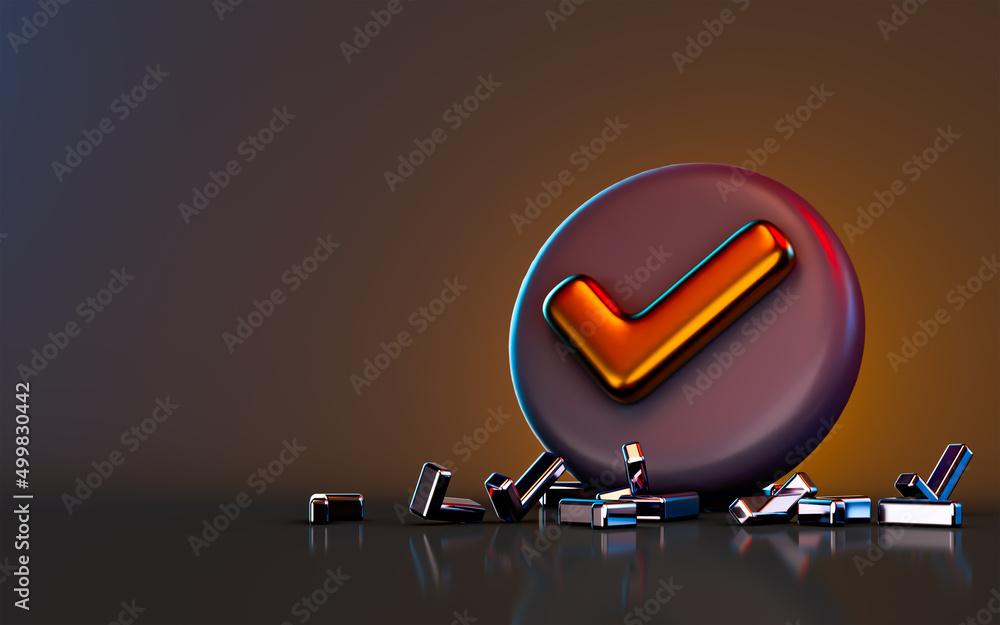 Aufkleber check mark badge icon on dark background 3d render concept for confirm correct solution exam