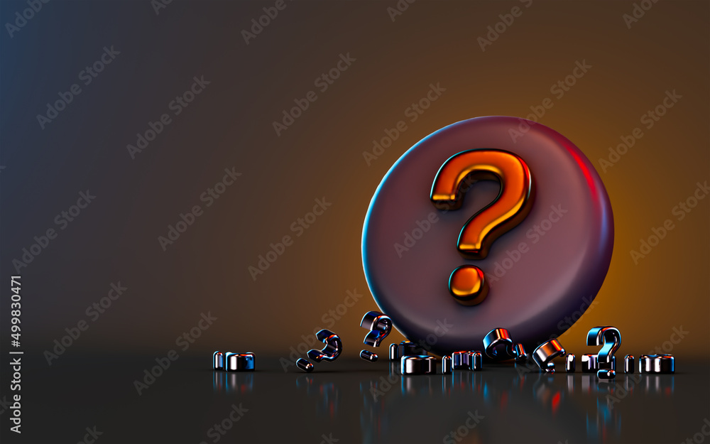 Poster question mark badge icon on dark background 3d render concept for asking confusion solution exam