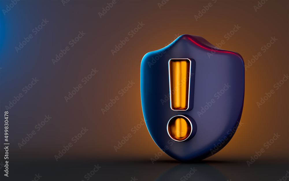 Poster security guard shield exclamation icon on dark background 3d render concept for safety attention