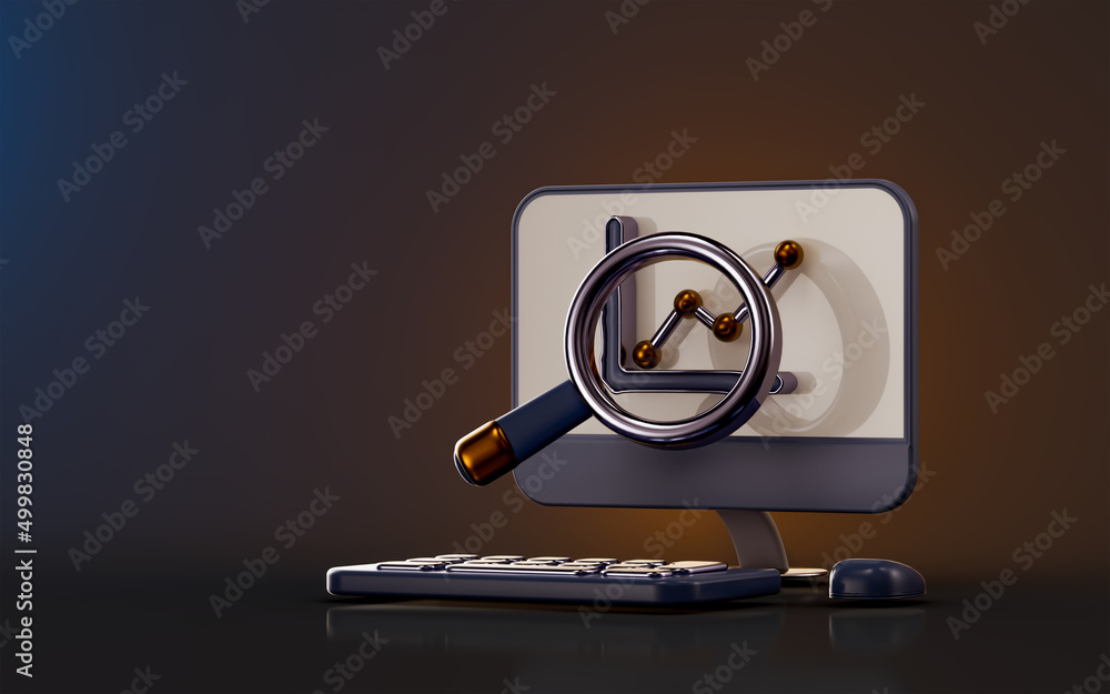 Poster data analytics profit icon with computer on dark background 3d render concept for business chart