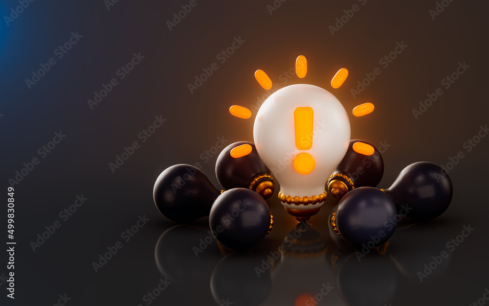 Poster light bulb exclamation icon with bright on dark background 3d render concept for idea attention