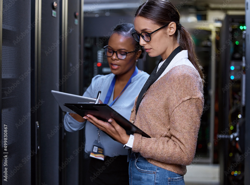 Poster What speeds are you getting. Cropped shot of two attractive young female computer programmers working together in a server room.