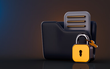 folder document list with lock and key icon on dark background 3d render concept for report safety