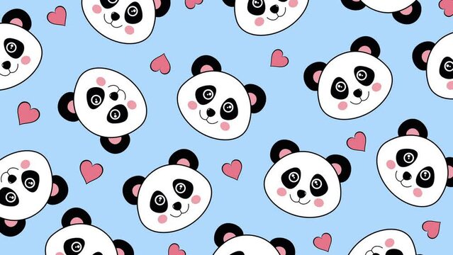 A cute panda bears and hearts animated pattern design Bear motional texture panda polar bear bamboo repeated wallpaper background cartoon face character Pastel blue color background Animals animation