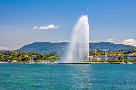 Geneva - Switzerland - Panorama of the southern lake Geneva shore and of the famous Jet D'Eau (Water Jet) fontain