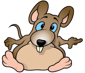 Sitting Cute Brown Mouse with Blue Eyes - Colored Cartoon Illustration Isolated on White Background, Vector