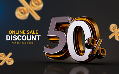 online sale discount 50 percent special offer on dark background 3d render concept for shopping