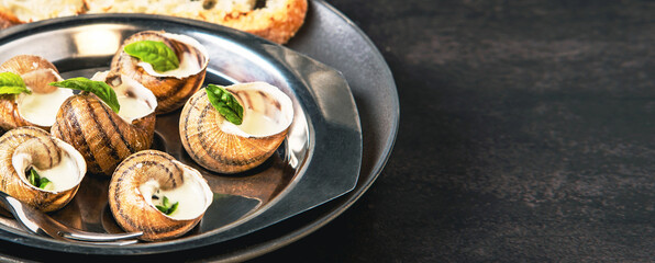 Bourgogne escargot snails with garlic, herbs, butter sauce and bread in aluminum pan on dark background.
