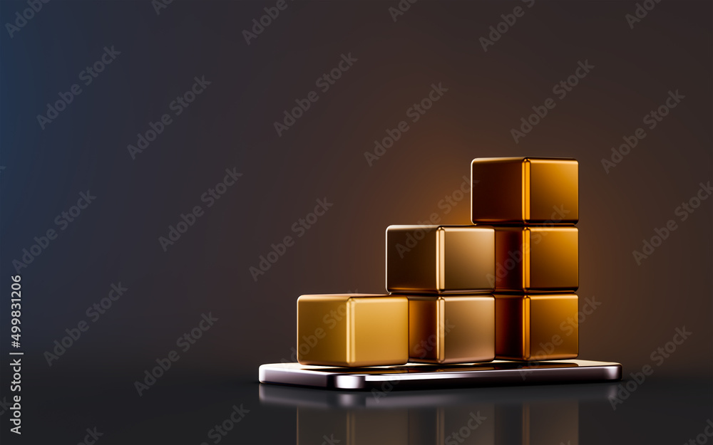 Poster golden business chart icon on dark background 3d render concept for analysis data growth increase