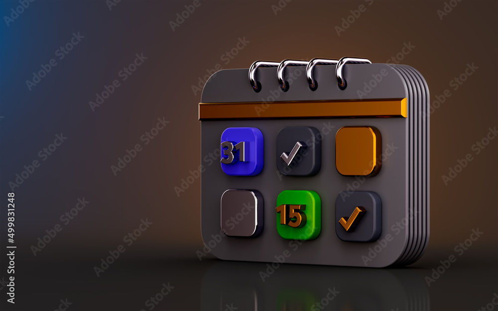 Poster calendar date with check mark icon on dark background 3d render concept for business appointments