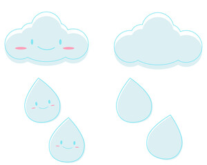 雲と雫 かわいいアイコン。雨、梅雨、曇りの日。 ベクターイラスト