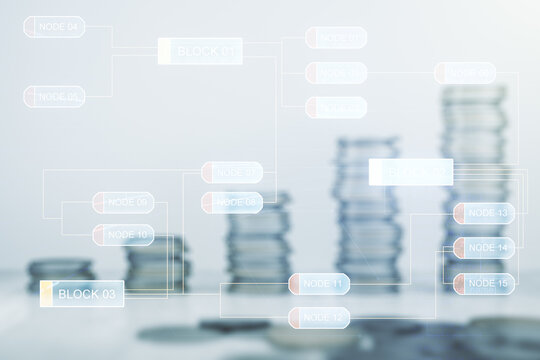 Abstract virtual coding concept on stacks of coins background. Multiexposure