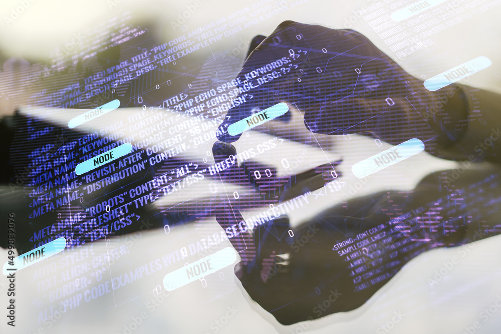 Aufkleber double exposure of abstract programming language hologram with world map and finger clicks on a digi
