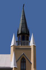 Traveling through Caracas, architecture of the tip of the main nave of the church on the hill of El Calvario park