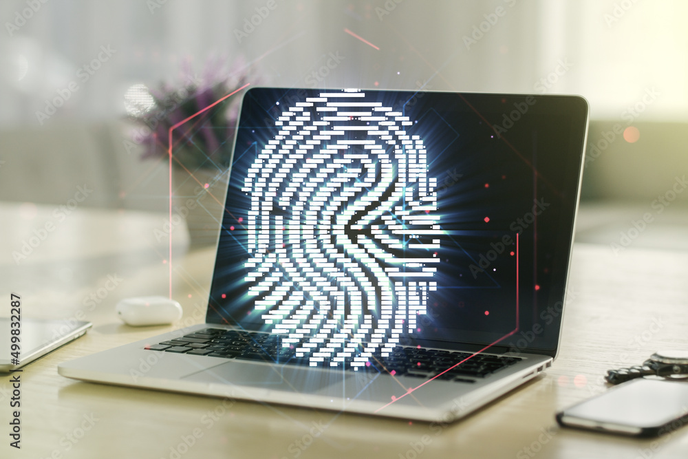 Poster Multi exposure of abstract fingerprint scan interface on computer background, digital access concept