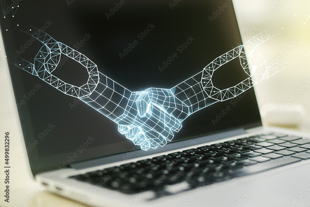Poster double exposure of blockchain technology with handshake hologram on laptop background. research and 