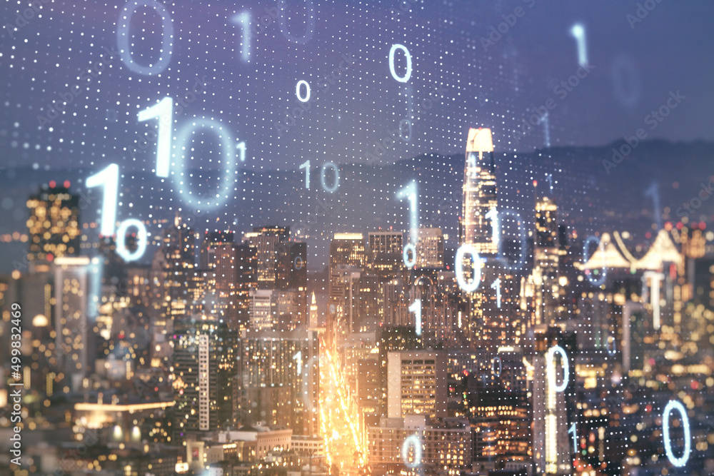 Poster abstract virtual binary code sketch on san francisco office buildings background, hacking and matrix