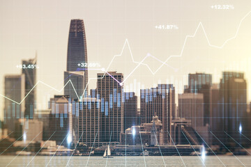 Fototapeta na wymiar Abstract virtual financial graph hologram on San Francisco cityscape background, financial and trading concept. Multiexposure