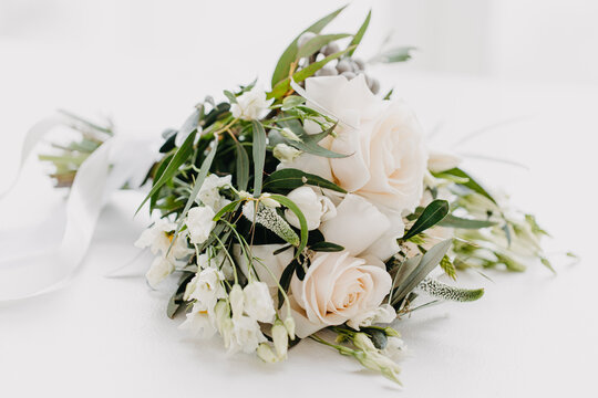 Beautiful wedding bouquet on isolated white background. High quality photo, natural light photography, wide open lens, depth of field