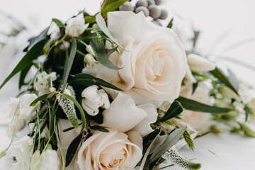 Beautiful wedding bouquet on isolated white background. High quality photo, natural light photography, wide open lens, depth of field