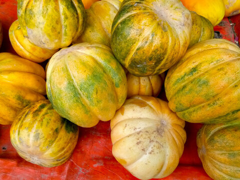 Stack of Indonesian cantaloupe variety. Blewah or Garbis is an Indonesian Cantaloupe popular during Ramadhan as a dessert for breaking fast
