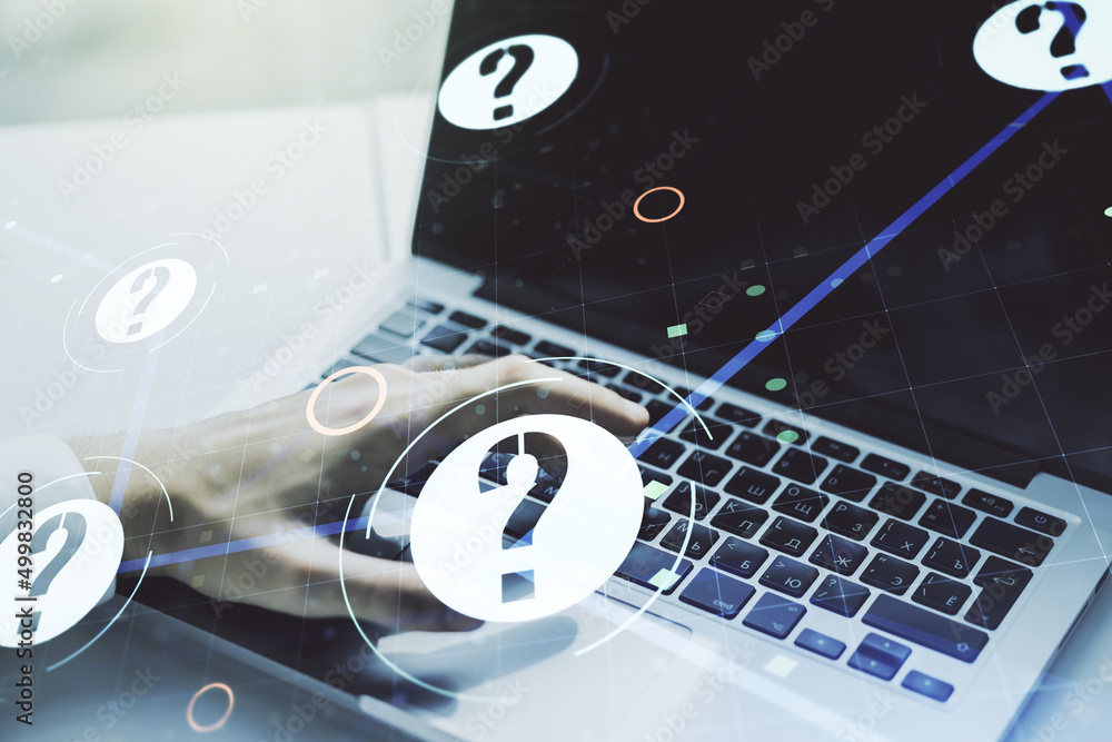 Poster creative abstract question mark hologram and hands typing on computer keyboard on background, future