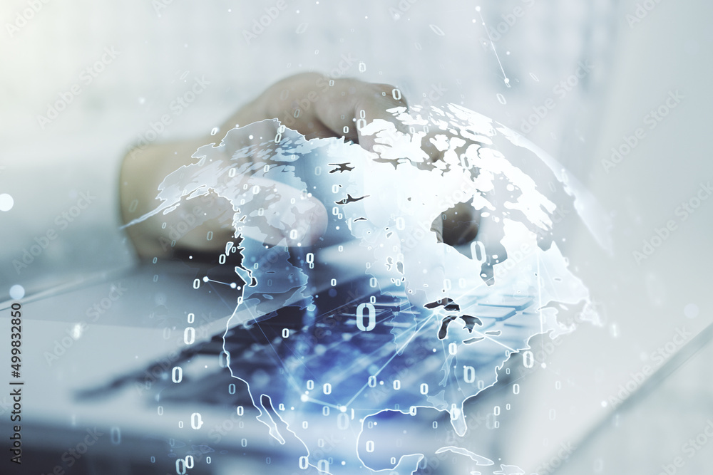 Aufkleber Multi exposure of abstract software development hologram with world map and hands typing on computer keyboard on background, global research and analytics concept